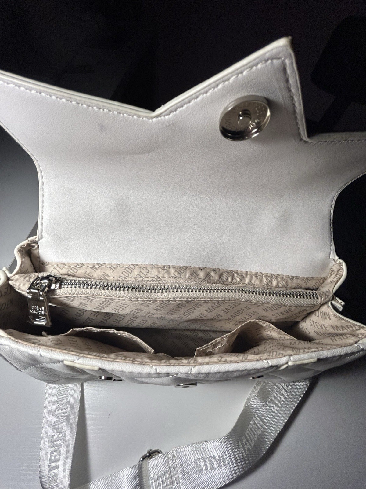 Steve Madden White Quilted Satchel Top Handle Crossbody Detachable Strap Charm