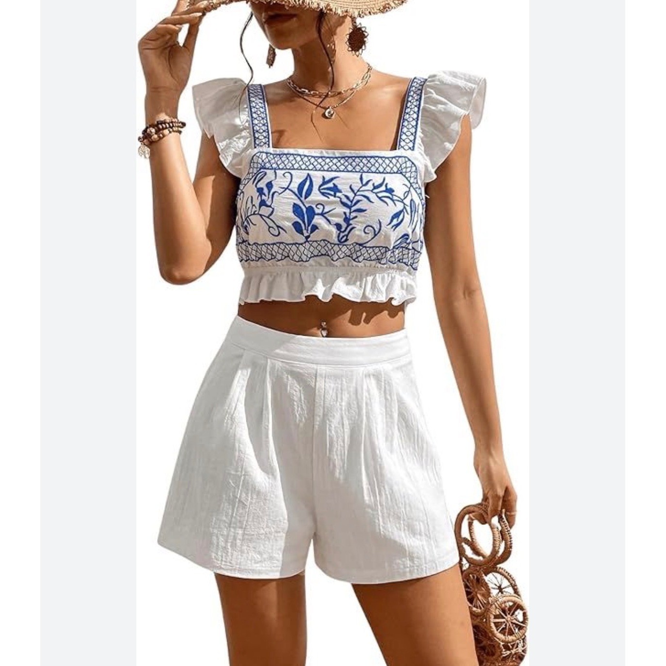 SHEIN White Blue Floral Embroidered Ruffle Crop Top Boho Summer Small