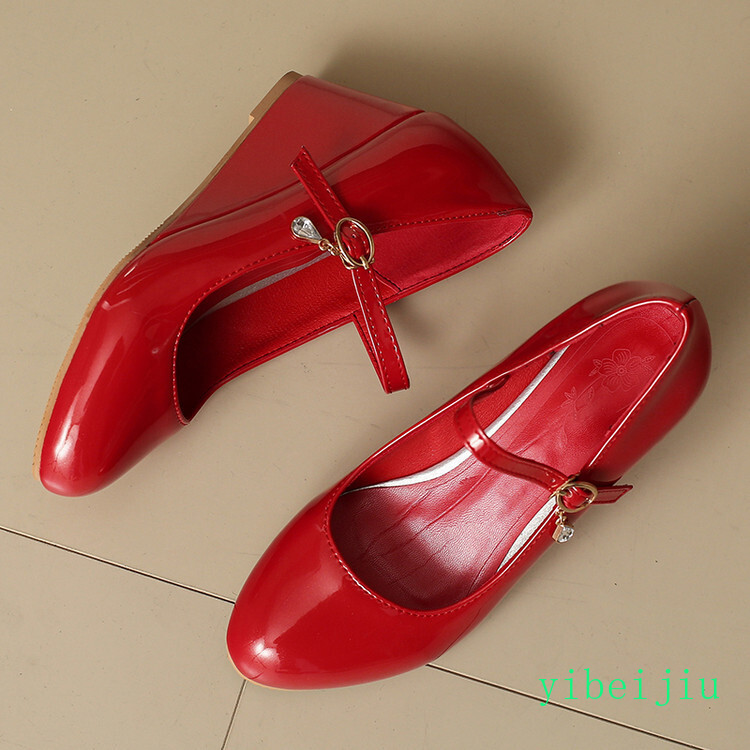 Women’s Mid Wedge Heels Mary Jane Shiny Leather Dress Wedding Shoes Rhinestone
