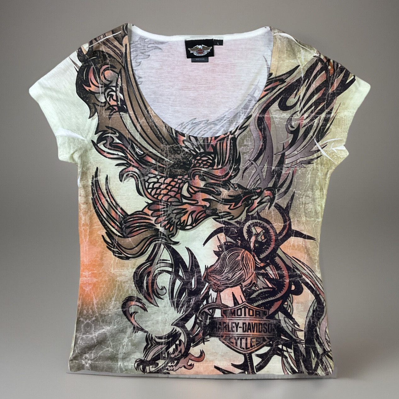 Vintage Harley Davidson T-Shirt Women Sz L AOP Y2K Print Rider Thin Motorcycle