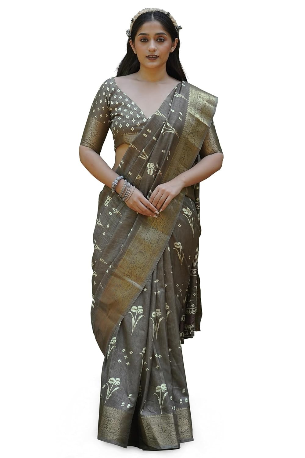 Women’s Silk Blend Block Printed Saree with Blouse Piece