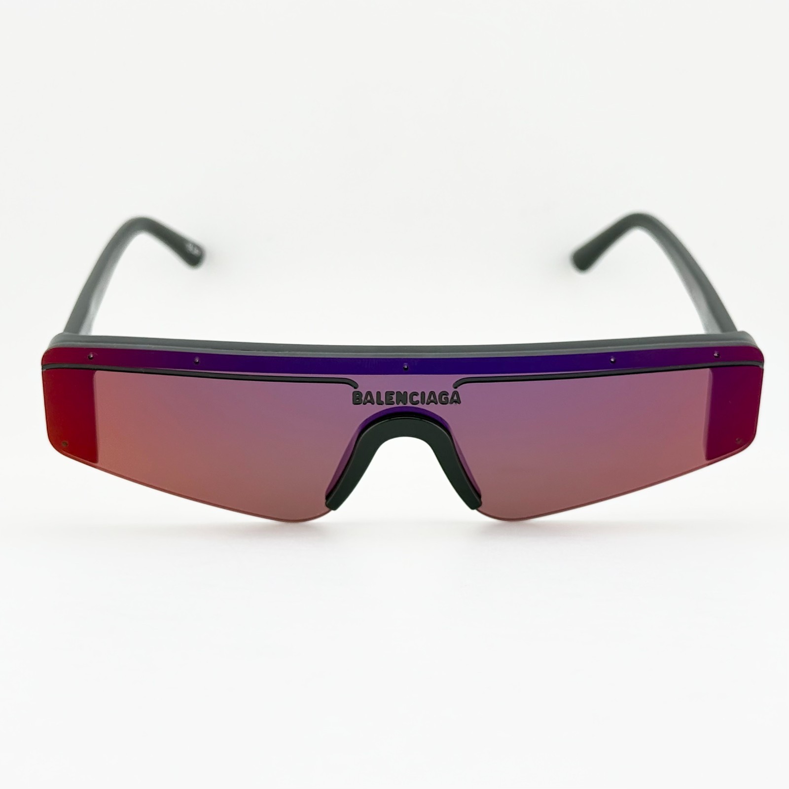 Balenciaga BB0003S Black Shield Sunglasses Purple Mirror Lens Unisex 99-1-140
