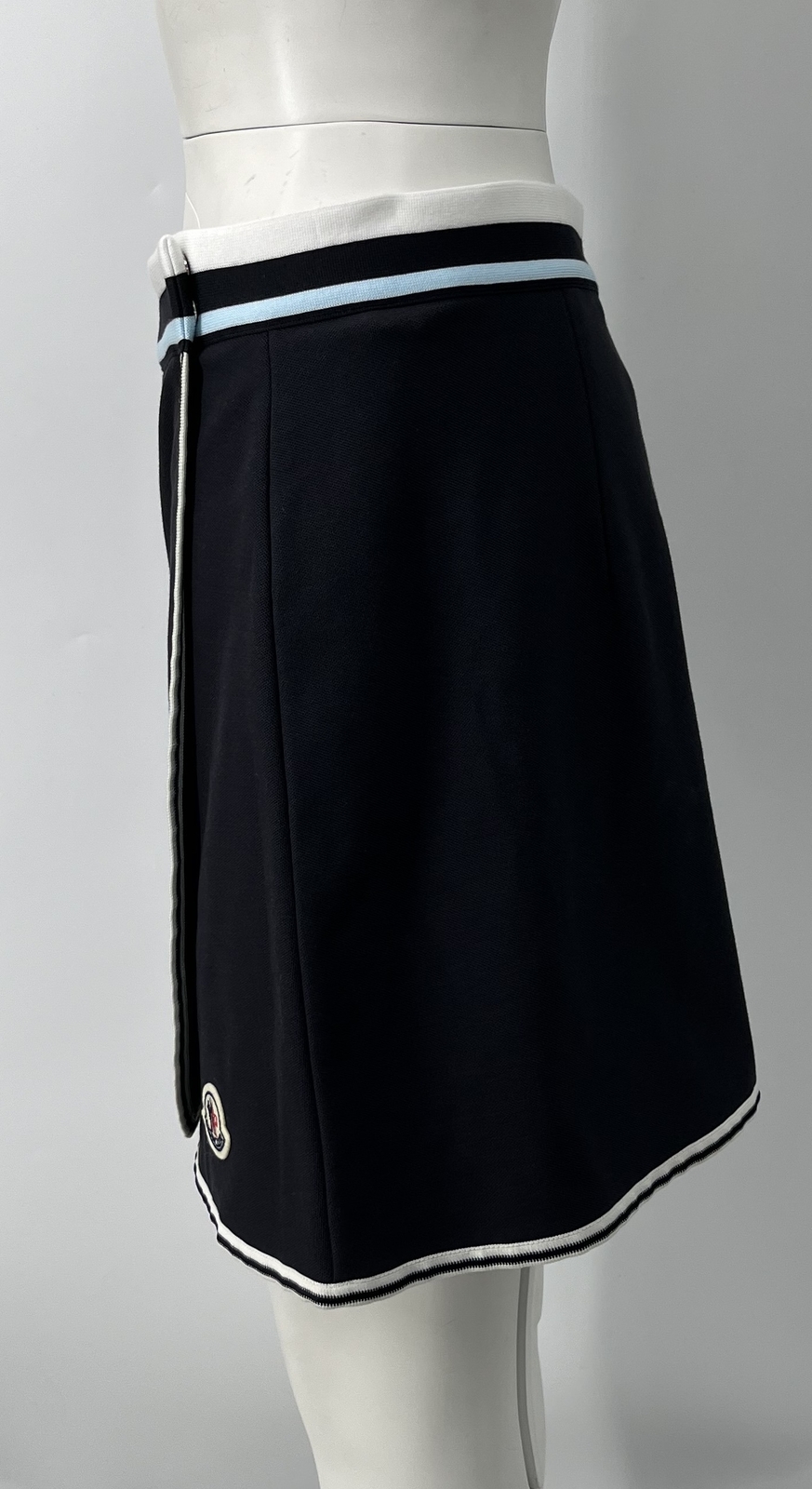 Moncler Logo Patch Faux Wrap Mini Skirt in Night Blue sz L NWT