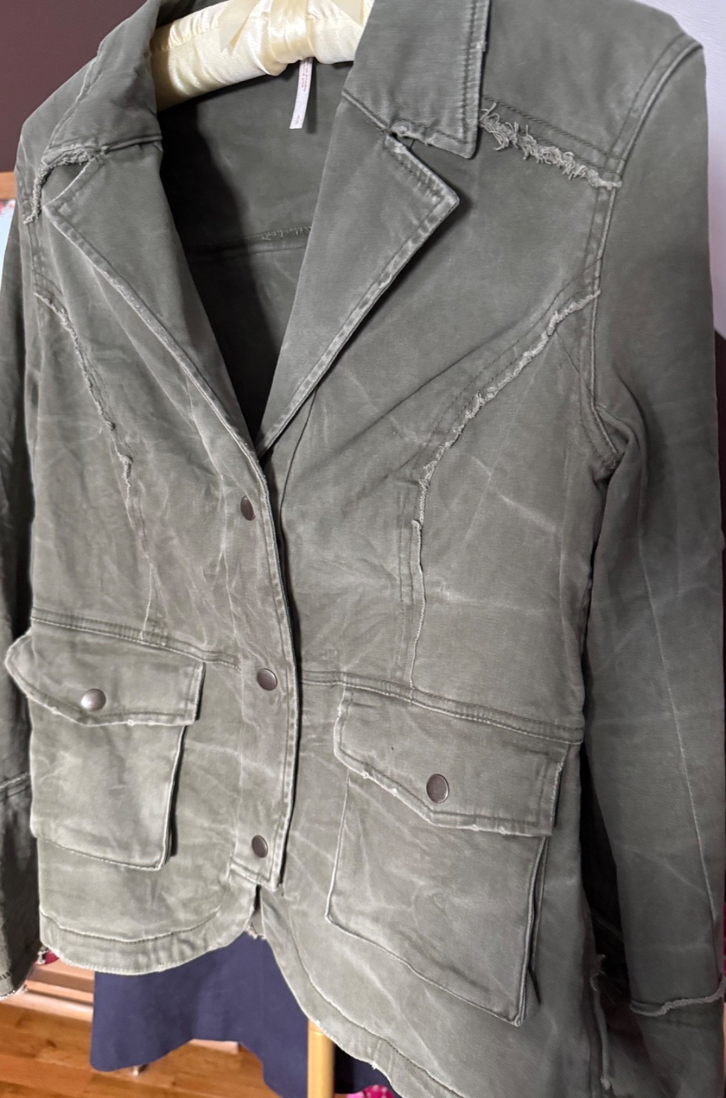 Free People Army Green Blazer Lace-Up Sleeves & Ruffle-Back Detail