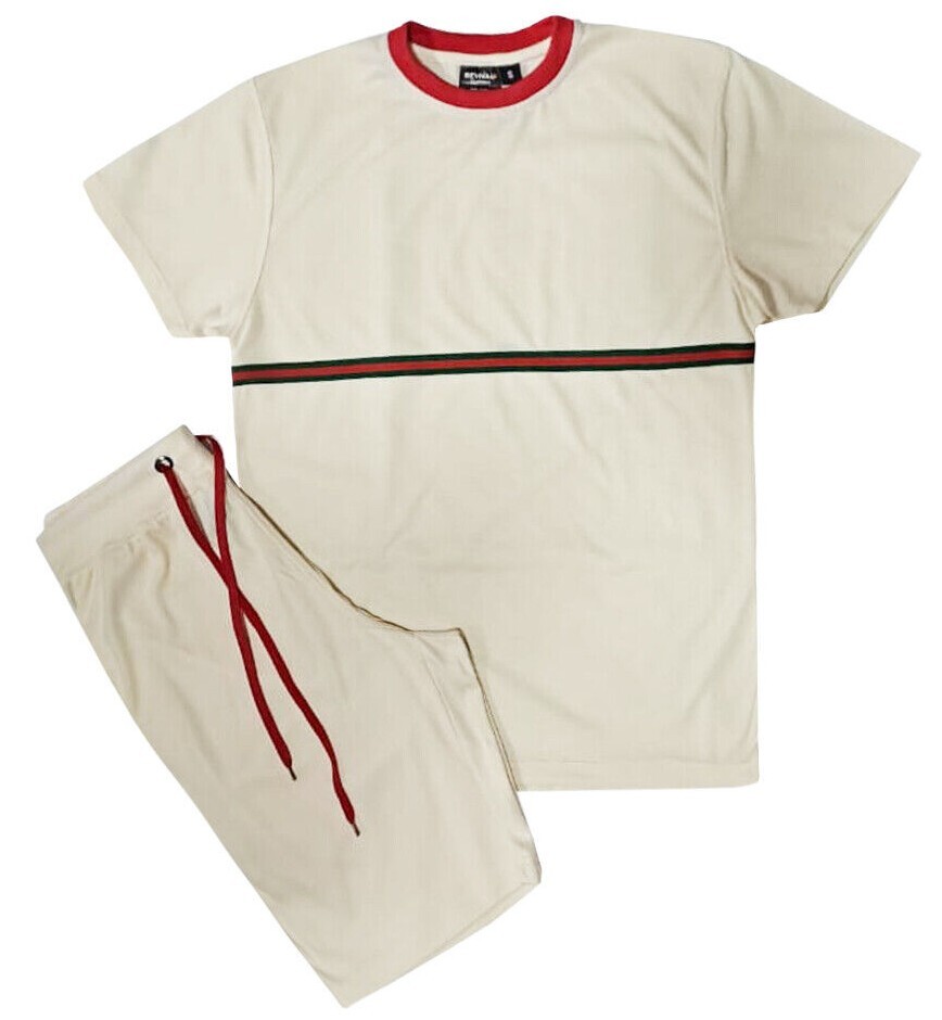 MEN CLASSIC 2 PIECE L.WEIGHT TECHNICAL STRIPES SHORT SETS W/DRAWSTRINGS