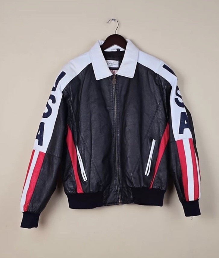 Michael Hoban Men’s L Bomber Jacket USA Flag Colorblock Full Zip Black/White