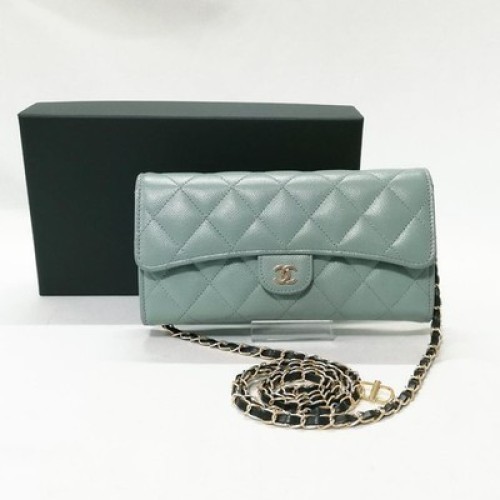CHANEL Caviar Skin Green Leather Matelasse Long Wallet with Chain Strap
