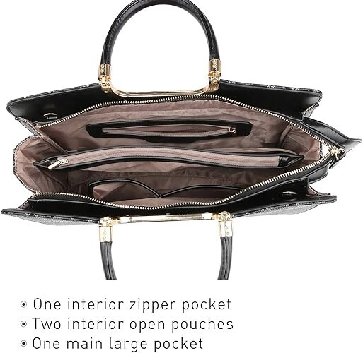 Handbags women, Black w/ gold accents, 14.5″W x 11″H x 4″D, handle drop 4.7″