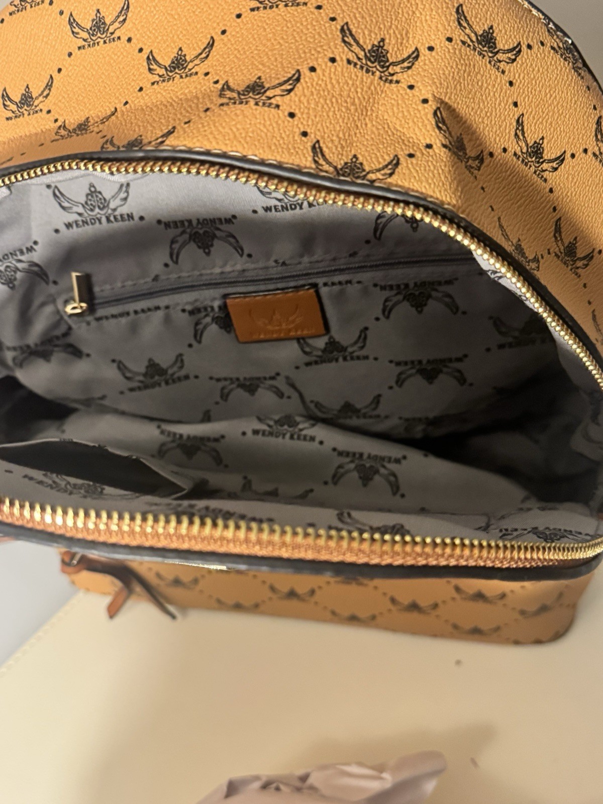 Wendy Keen Tan/Brown Logo Print Backpack w/ Zip, Pockets, Dust Bag
