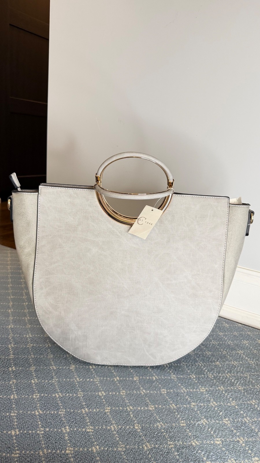 C Est 1946 Gray Crescent Moon Tote Bag Gold Ring Handle Vegan Leather NWT