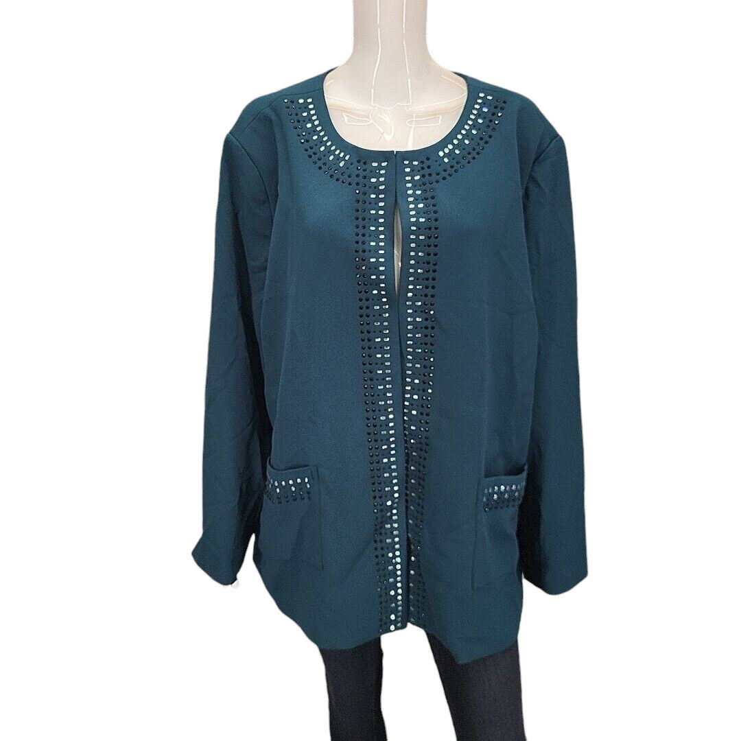 Dennis Basso Womens Jacket 3X Plus Size Teal Embellished Hook and Eye Front