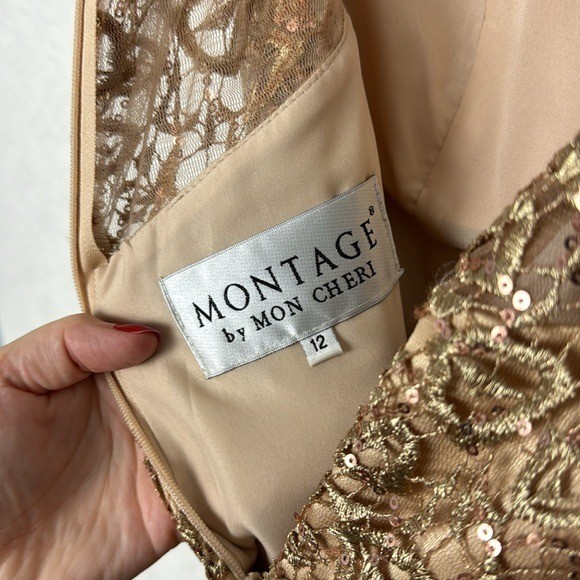 Montage By Mon Cheri Sequin Lace Maxi Evening Gown Dress Golf Sheath Cap Sleeve