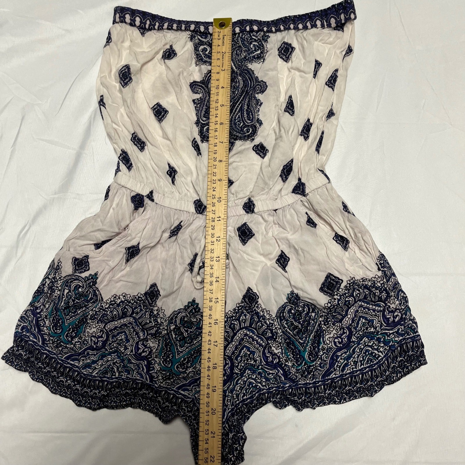 Blue White Paisley Strapless Romper Rayon Small