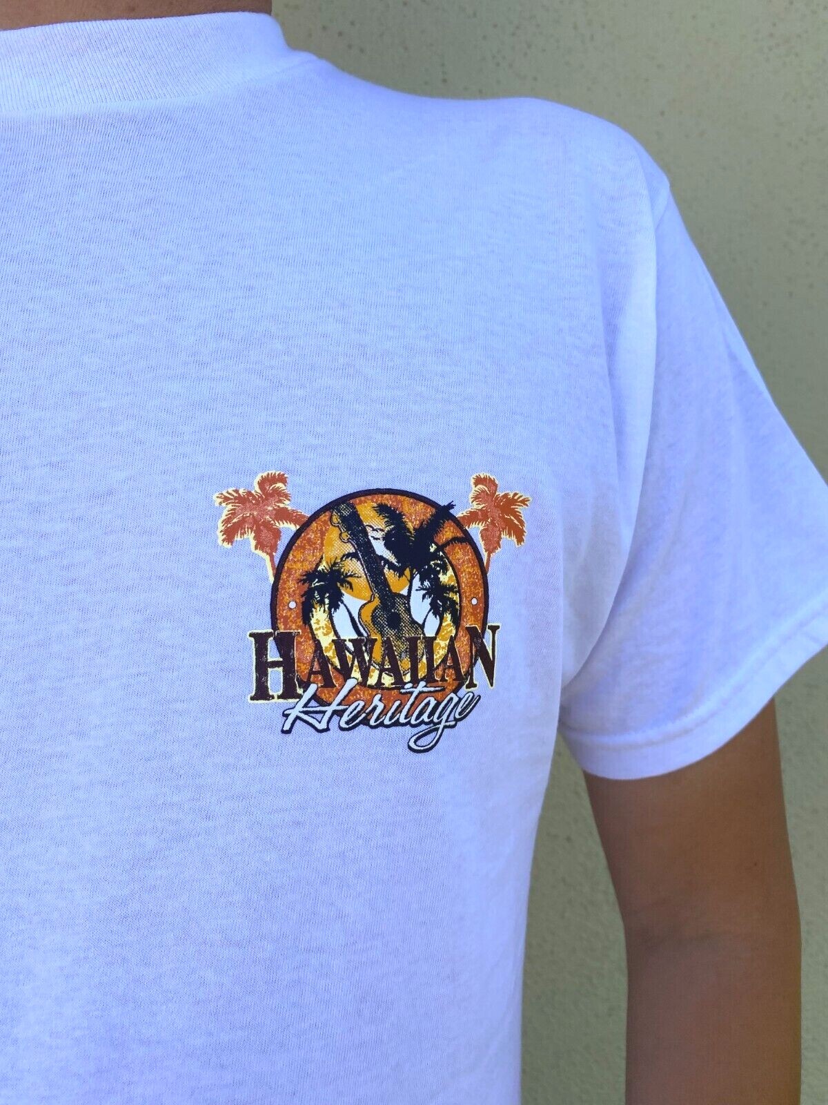 Hawaiian Style Heritage Sunset Palm Tree Surfboard Men Women White Cotton Tee