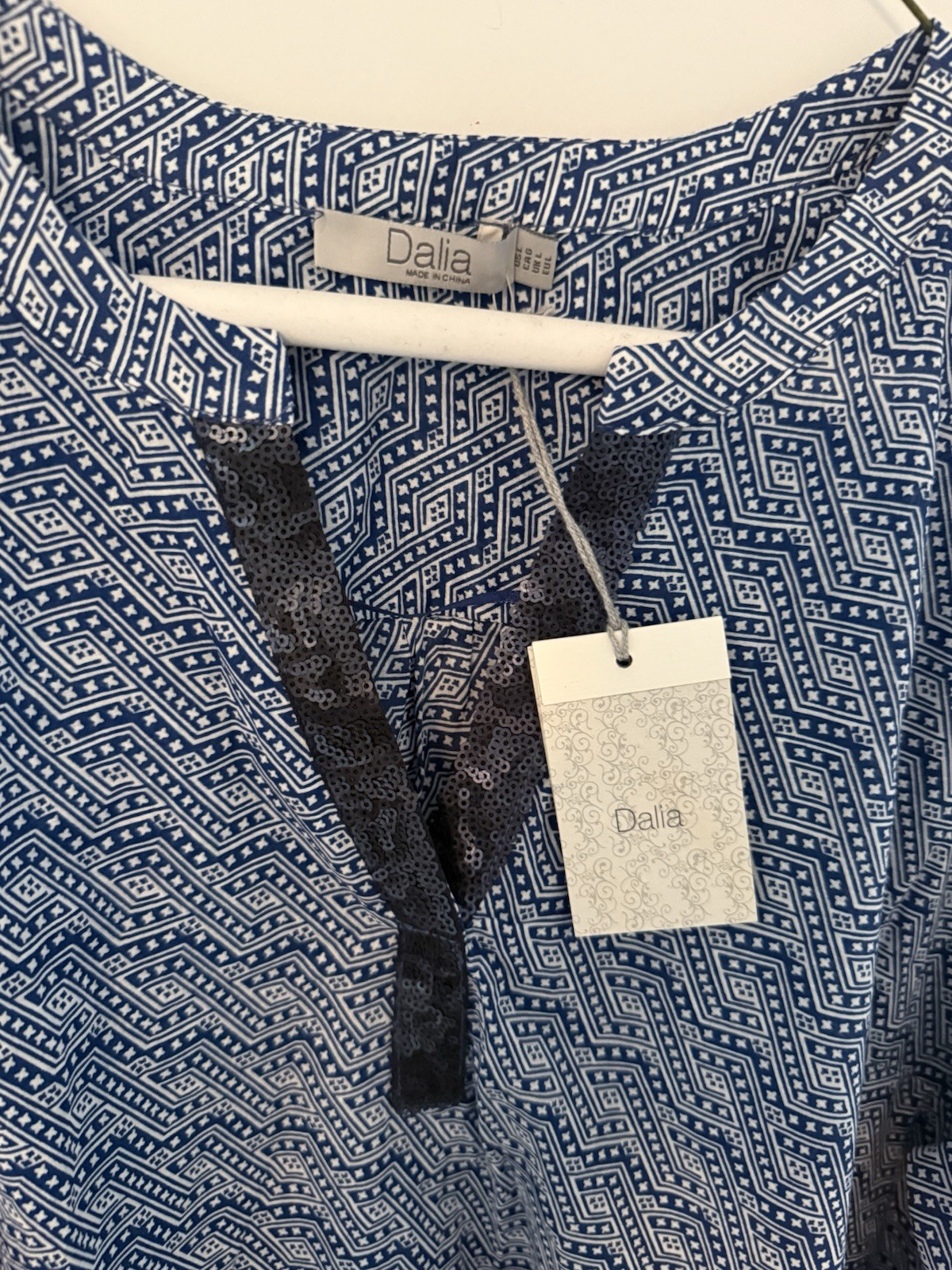 Dalia 100 % Cotton Blue And White Tunic With Sequined Neck And Cuffs L