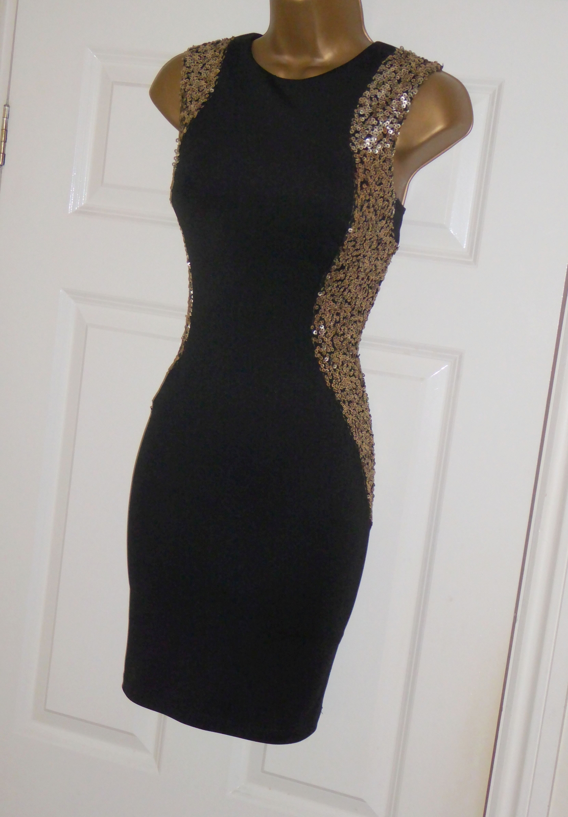 Jane Norman black gold sequin stretchy mini bodycon party dress size 10