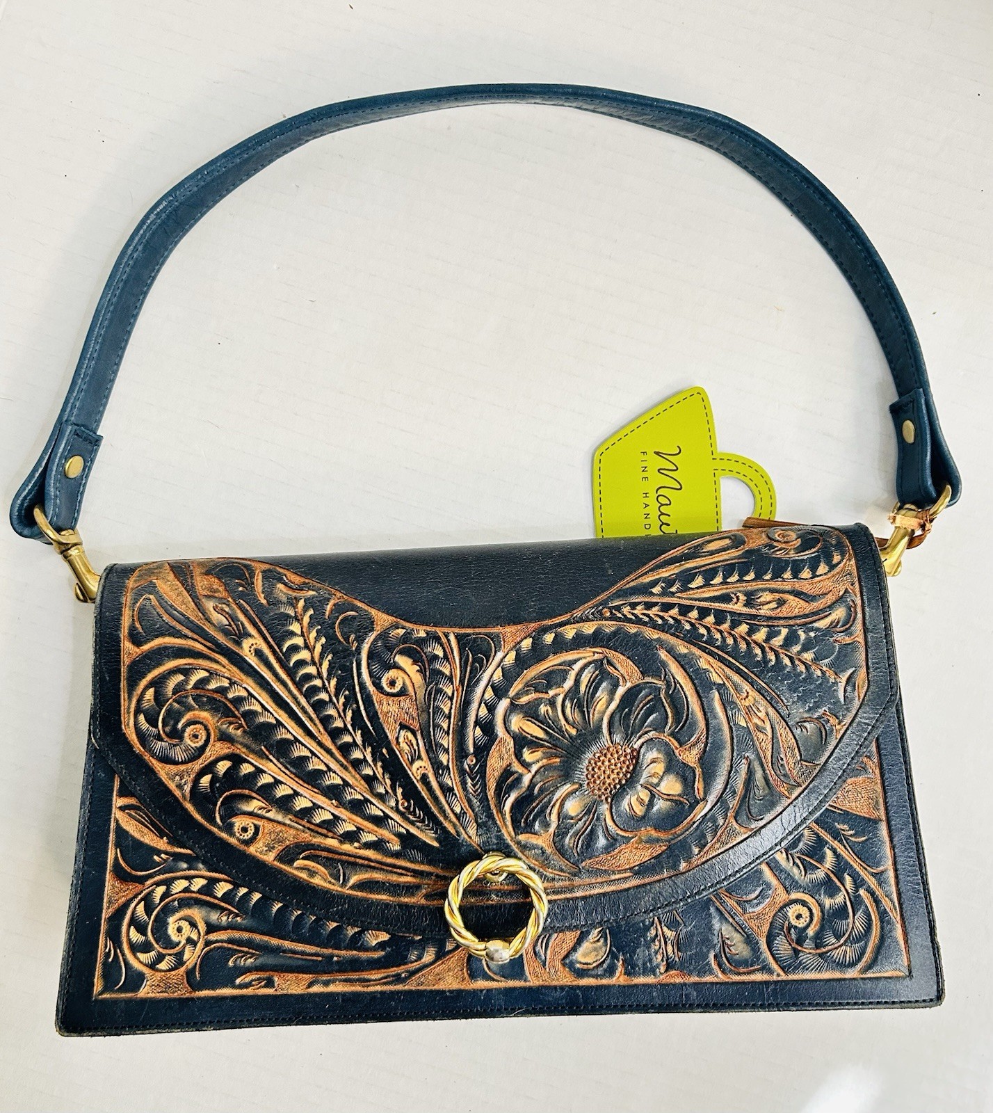 Navy Blue Hand Tooled Leather Purse Flowers Southwestern Bohemian Mautto Strap