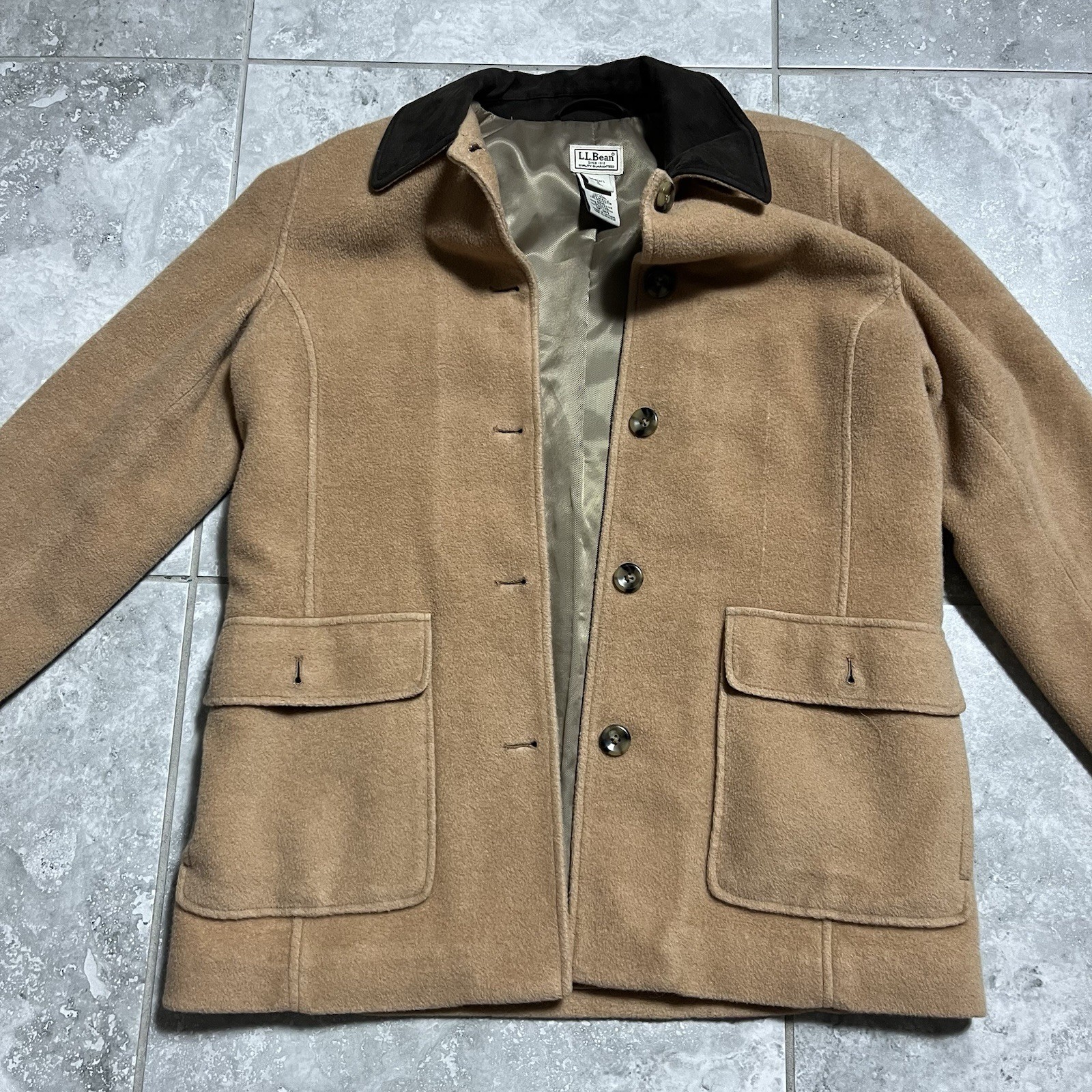 LL Bean Vtg Wool Blend Button Barn Coat Jacket Camel Tan 90s Womens S