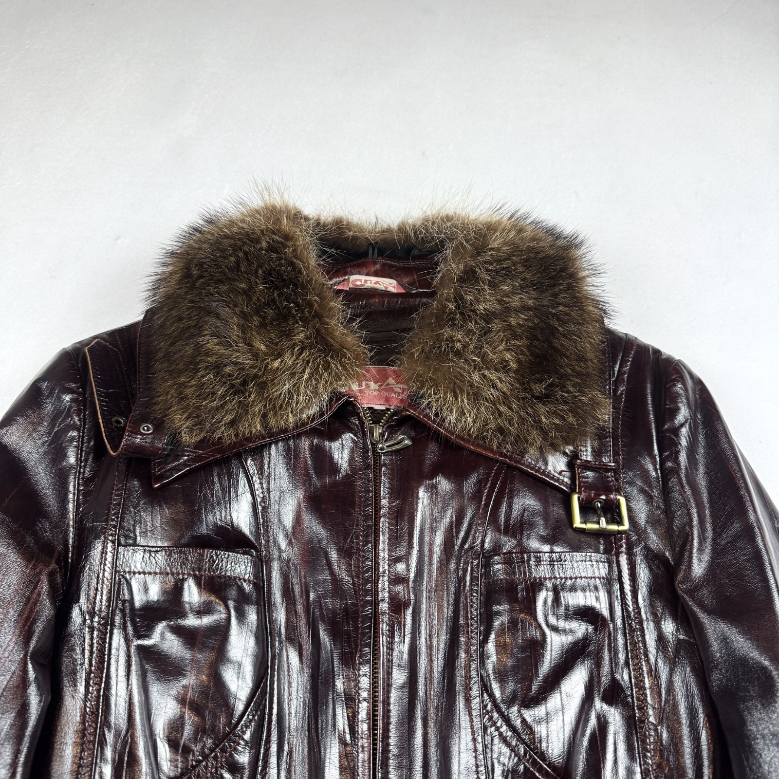 Womens Vintage Brown Leather Jacket Fur Collar Buckle Pocket Biker Moto Style