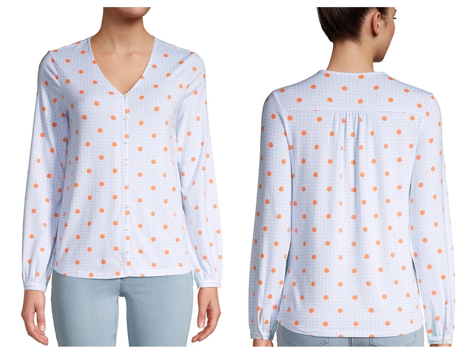 NWT Land’s End Long Sleeve V-Neck Button Top Light Sky Blue Gingham Dot Size M