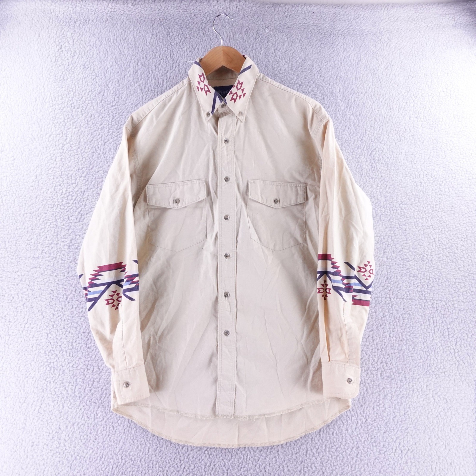 Wrangler Mens Aztec Southwestern Western Button Down Shirt Beige Tan 15.5 x 34