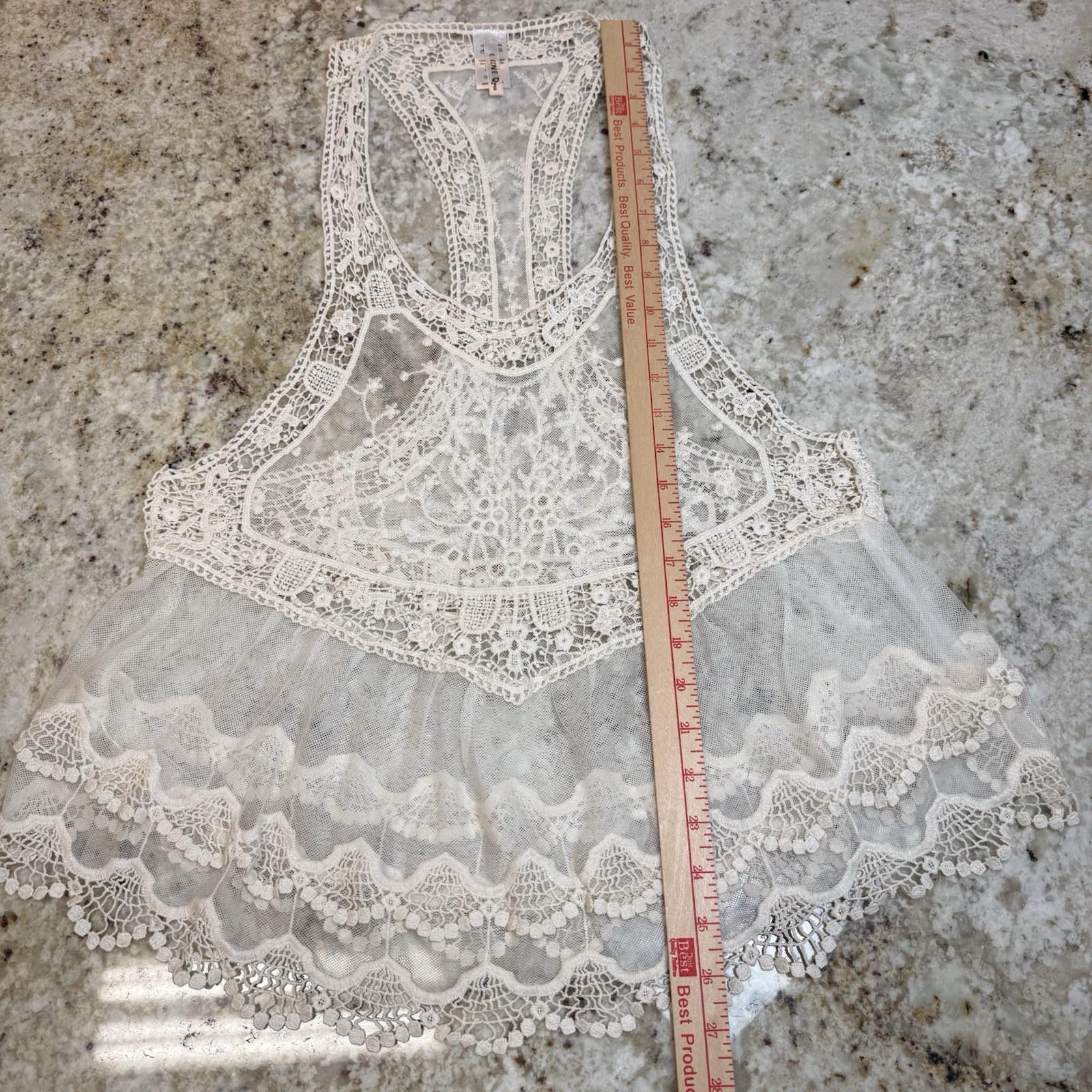 Lace Tank Top Boho Sheer Crochet Mesh Racerback Ruffle Hem One Size Ivory