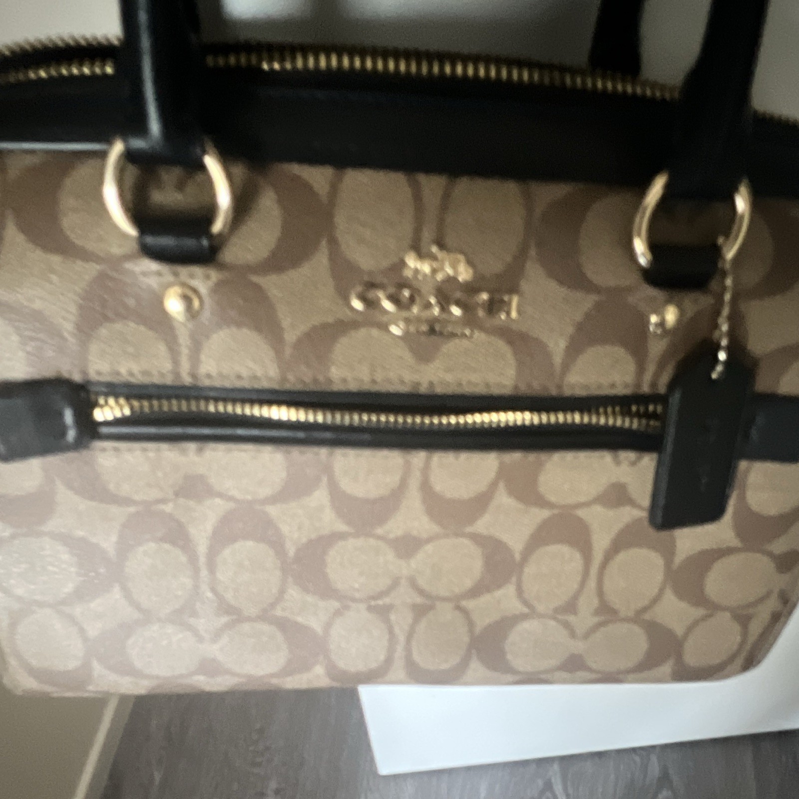 Coach Signature Logo Satchel Top Handle Zip Bag Charm Brown Black Gold Hardware