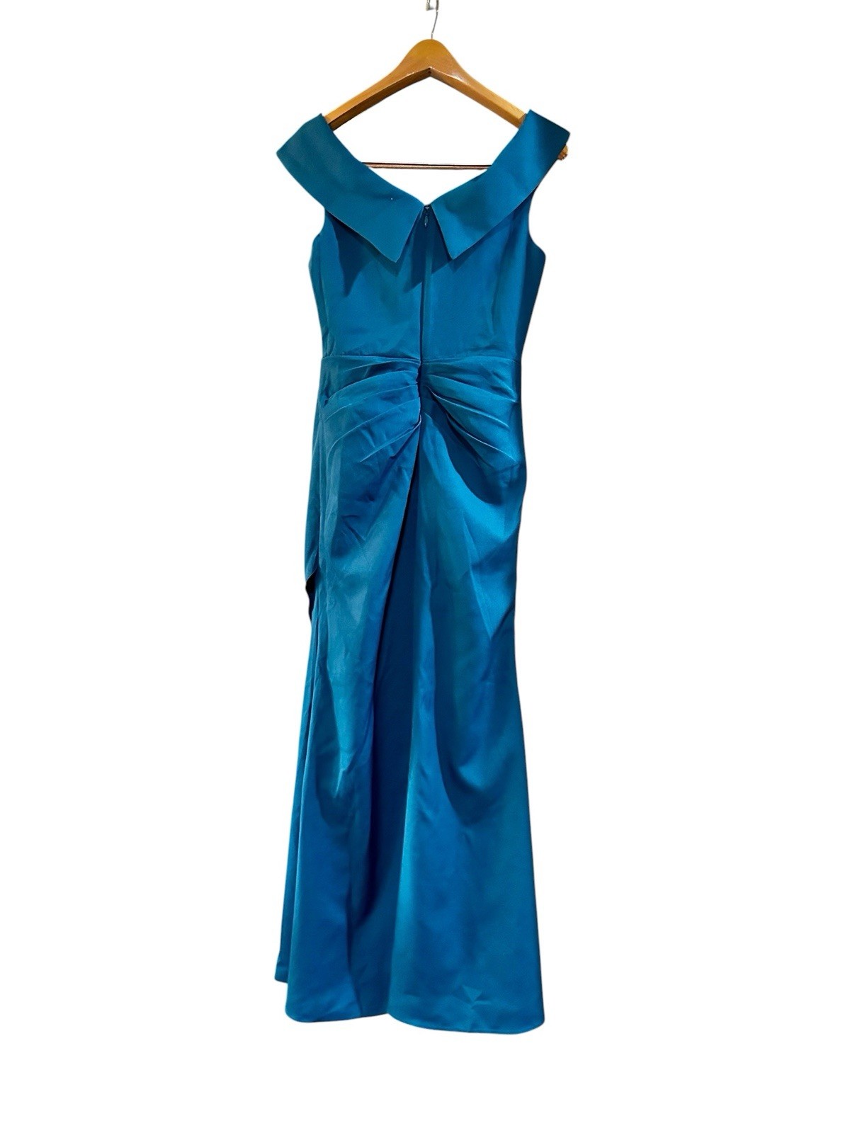 Beautiful Dark Teal Off Shoulder Cascading Side Ruffle Column Dress Gown Size 7