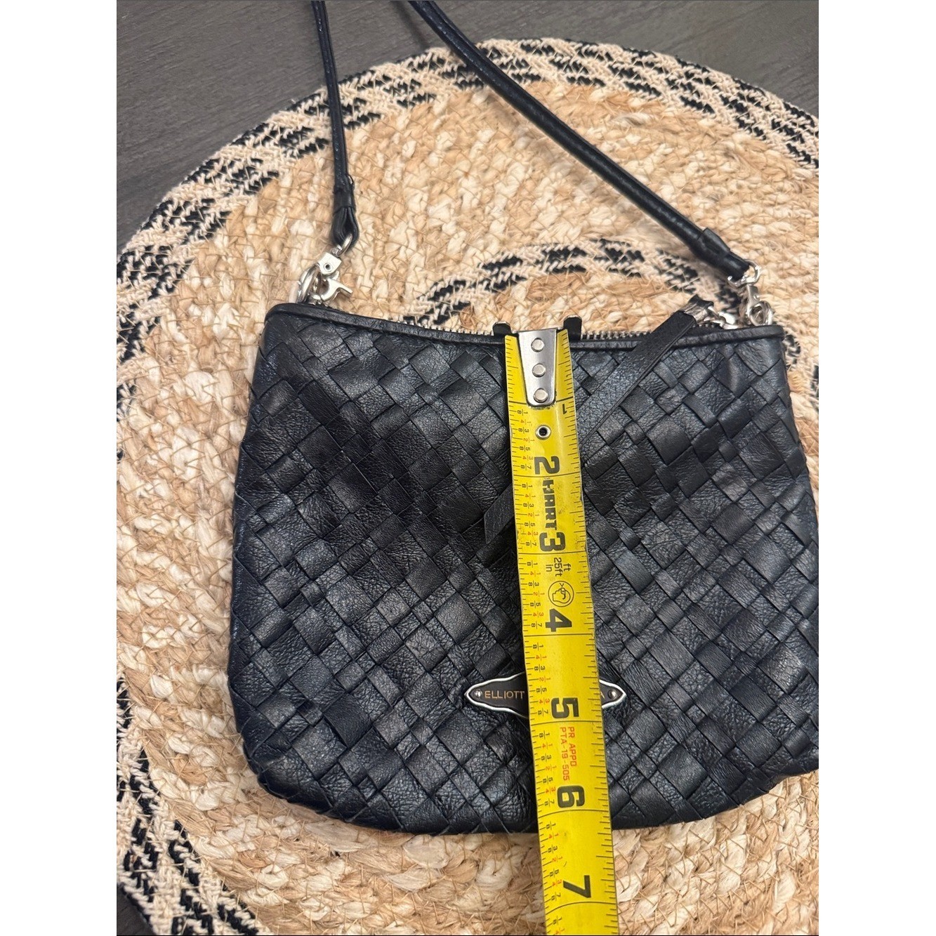 Elliott Lucca Black Woven Leather Crossbody Bag Small Zip Top Purse Handbag