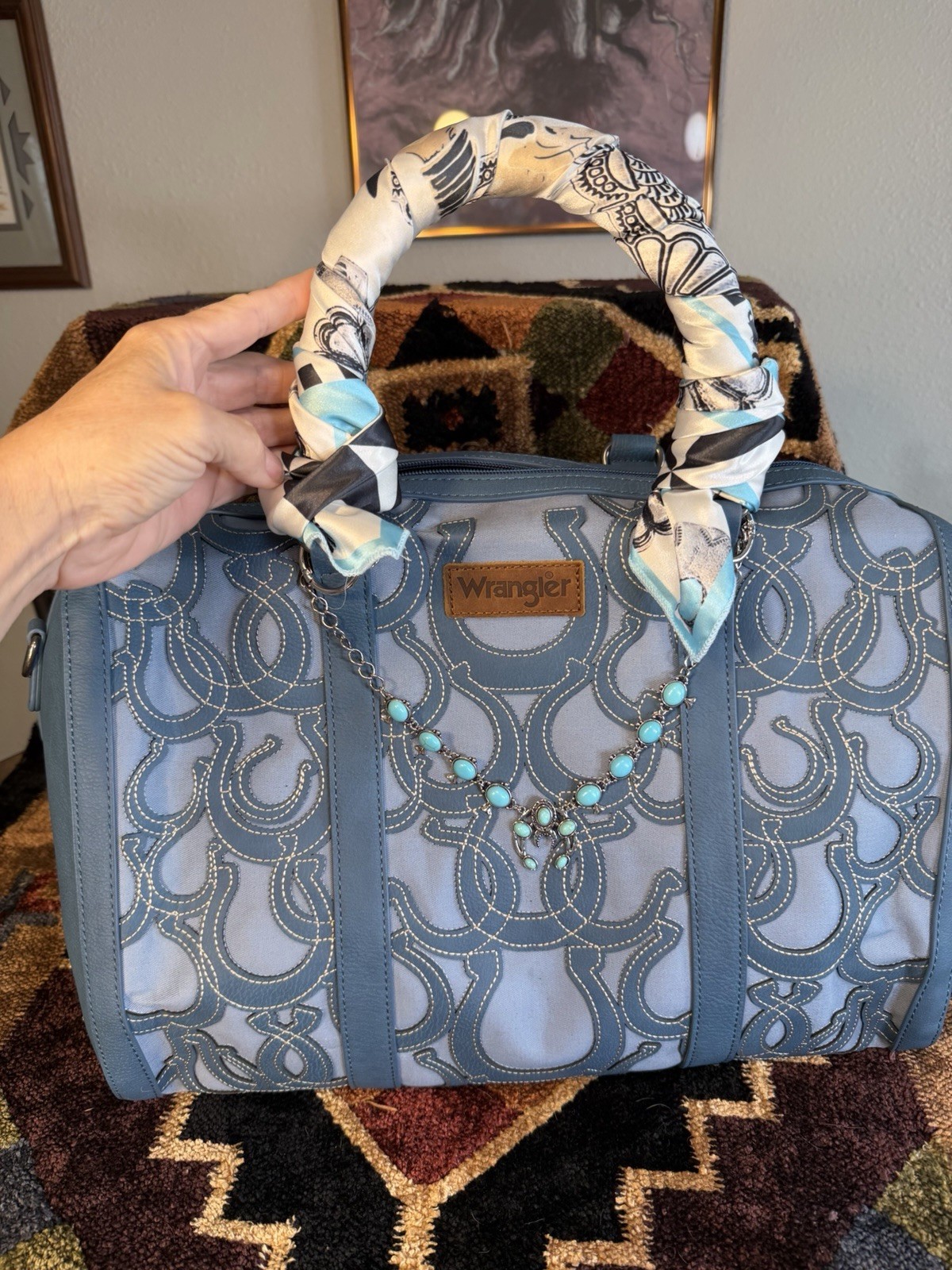 Wrangler Blue horseshoe Zip Satchel/Top Handle Bag w/ Charm + Wallet