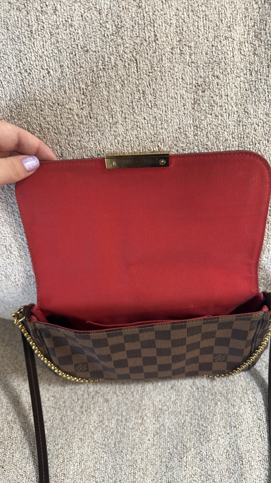 Louis Vuitton Damier Ebene Favorite MM Crossbody Chain Strap Brown Gold Box