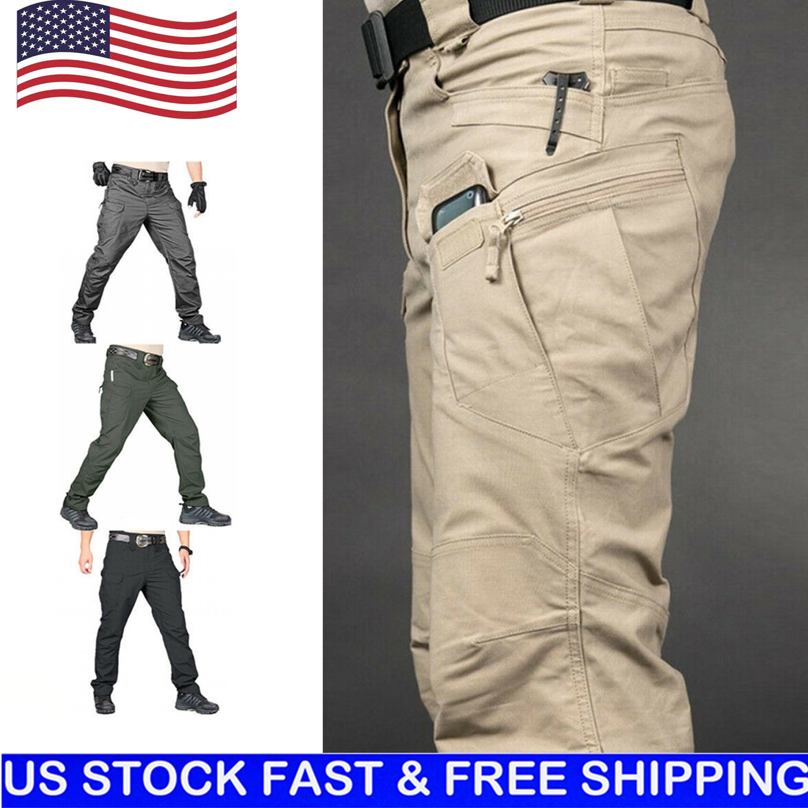 Mens Cargo Pants Tactical Waterproof Work Outdoor Hiking Combat Trousers USA