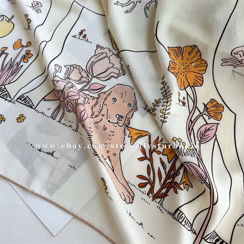 Sallys 70% Cashmere 30% Silk Wrap Scarf Apple Trees Print 2 Face Shawl 53″ Cream