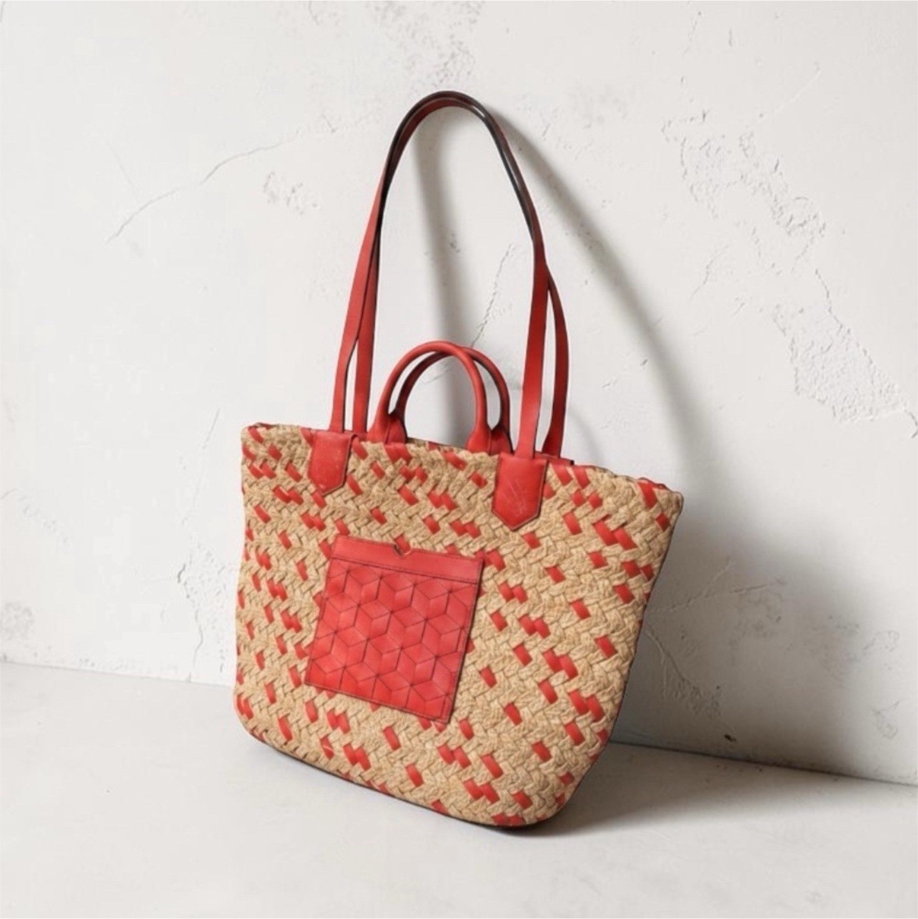 Women’s Woven Tote Bag Beige/Red Trapezoid w/ Red Double Handles Casual