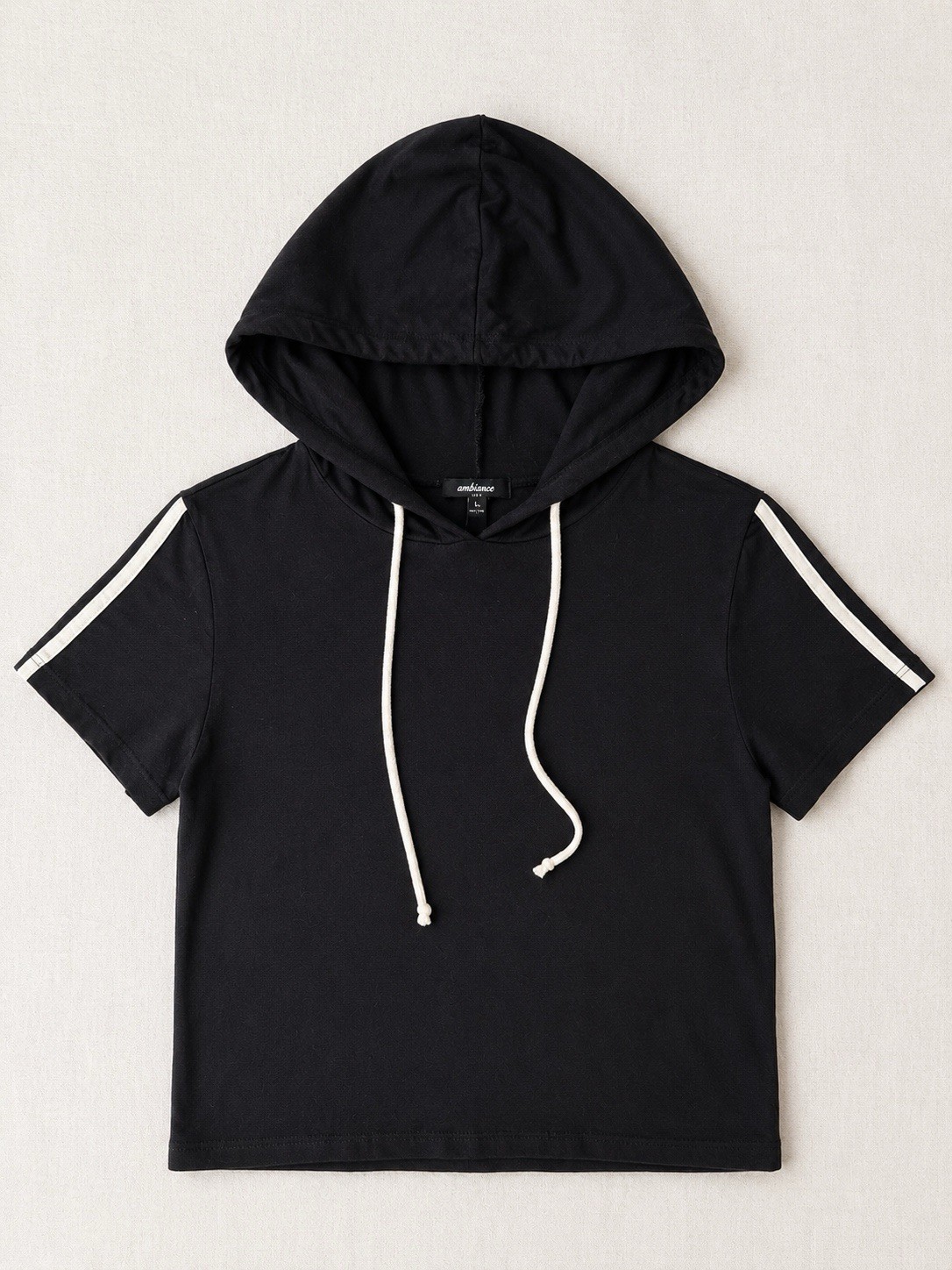Ambiance Women’s Pullover Hoodie Short Sleeve Black/White Stripe Accent Size L