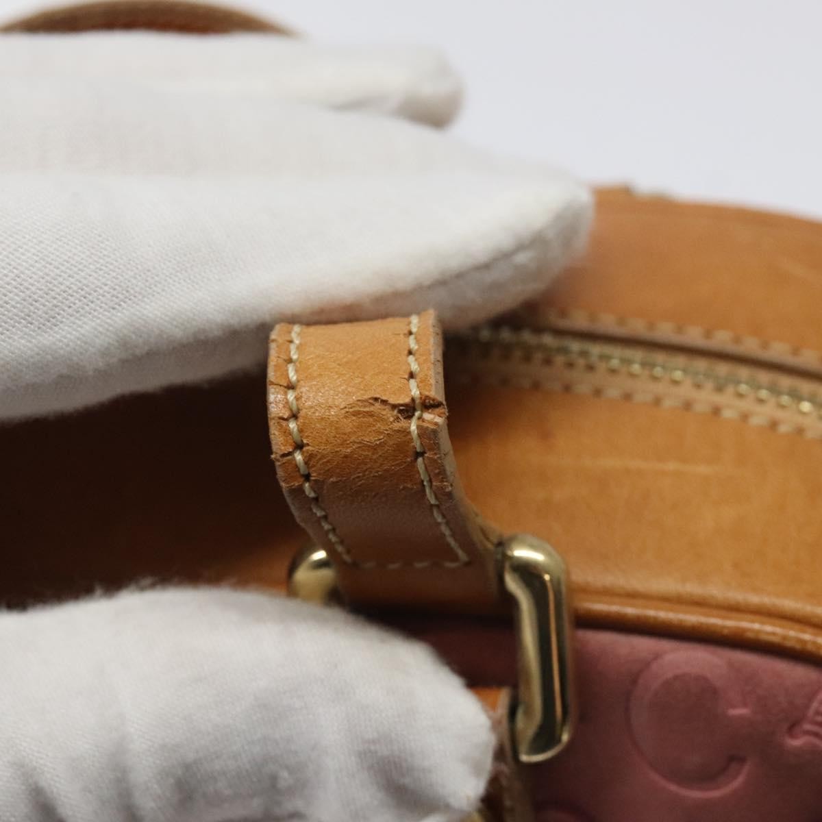 CELINE C Macadam Canvas Hand Bag Suede Pink Gold Auth BA1225