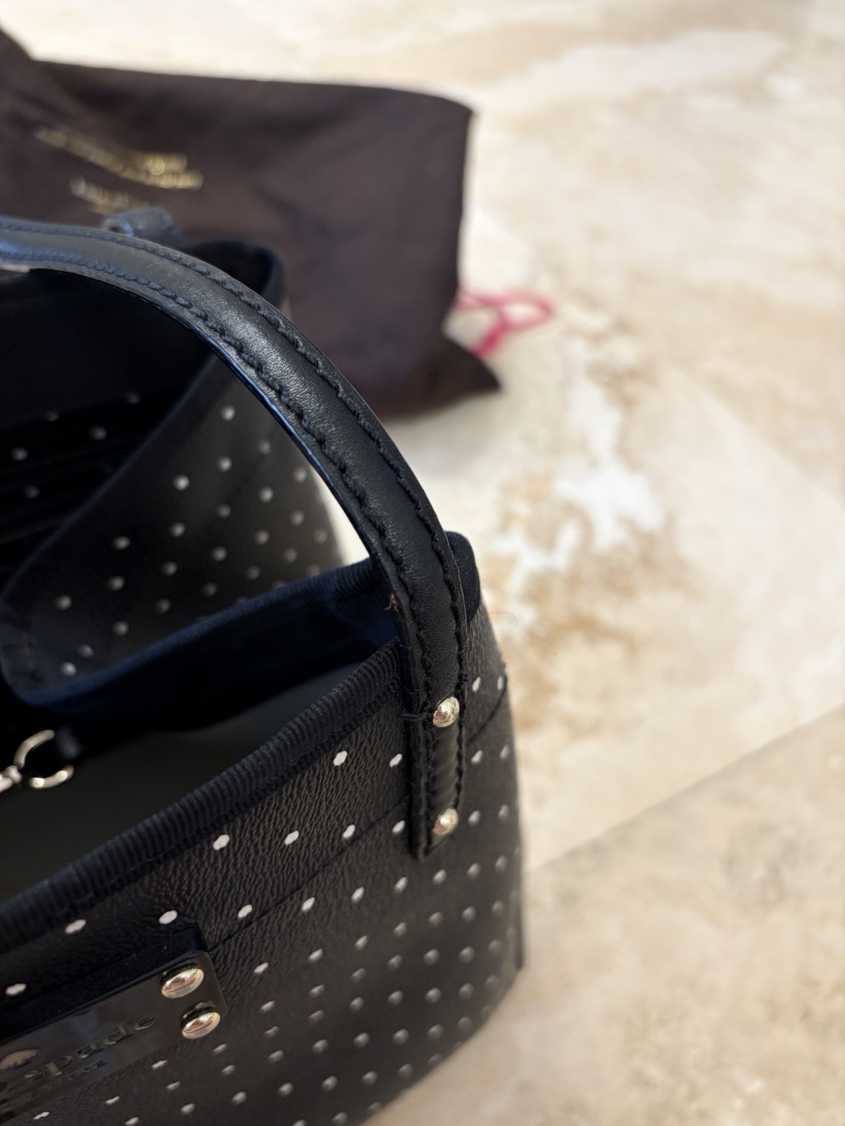 Kate Spade New York Black White Polka Dot Small Tote Logo Gold Hardware