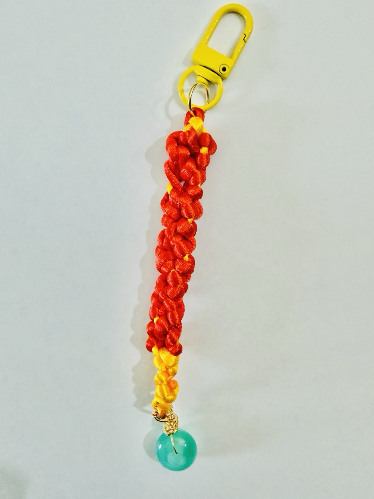 Handmade Flower Macrame Keychain Red Yellow Cord Green Bead Charm Bag Charm