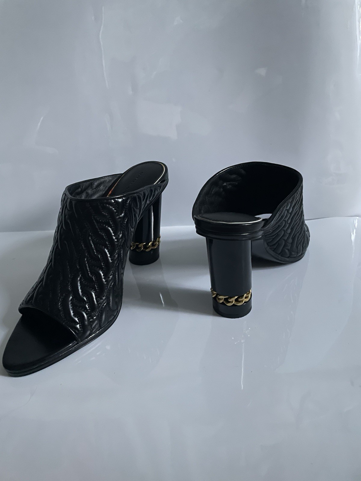 Rebecca Minkoff Black Quilted Leather Chain Open Toe Slip-On Mule Heels 10