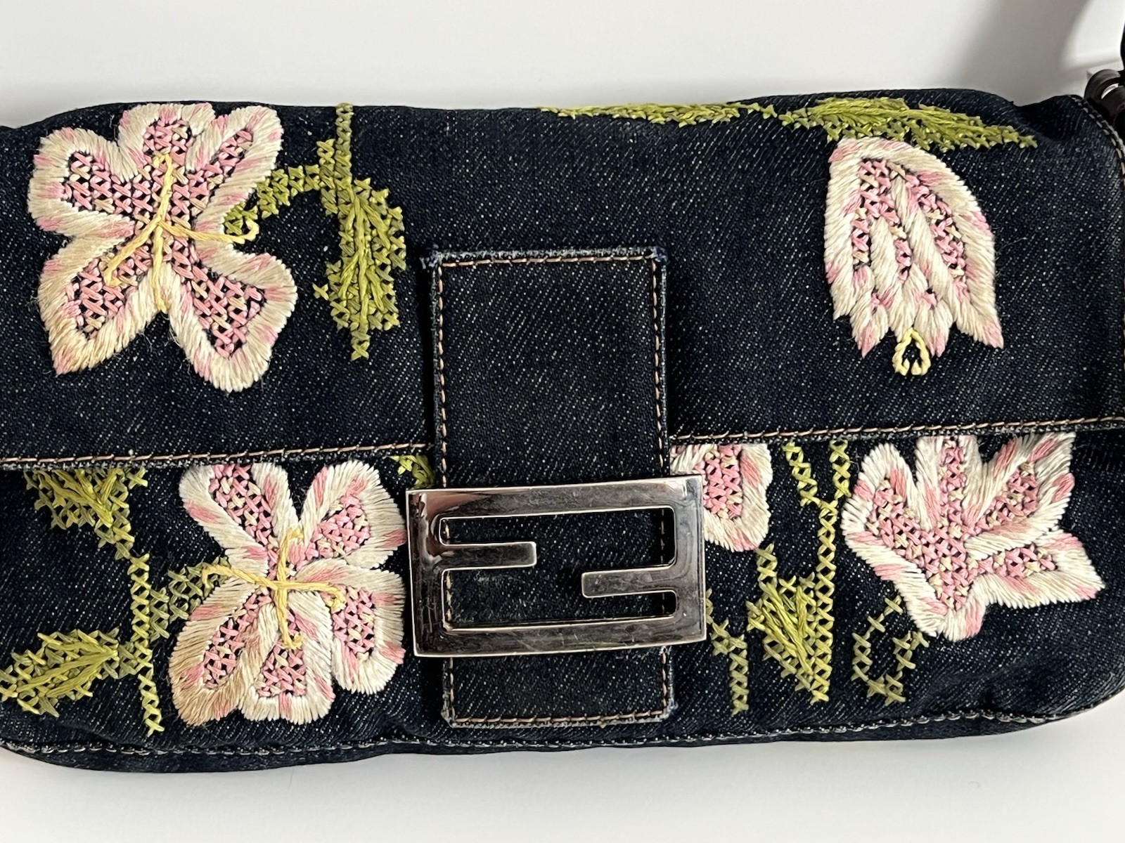 Authentic Vintage Fendi Y2K Indigo Denim Floral Embroidered Baguette Handbag