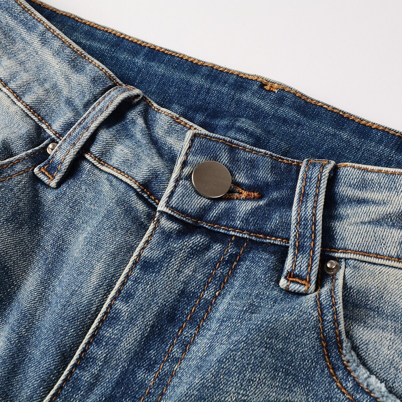 Men’s Vintage Distressed Stretch Denim Skinny Jeans with Patches and Studs