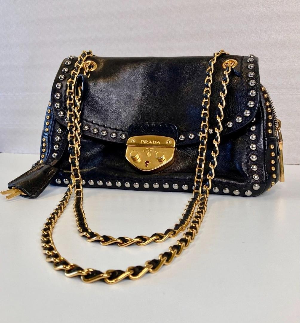 Prada Black Leather Studded Pushlock Chain Shoulder Bag Gold Hardware Used Auth