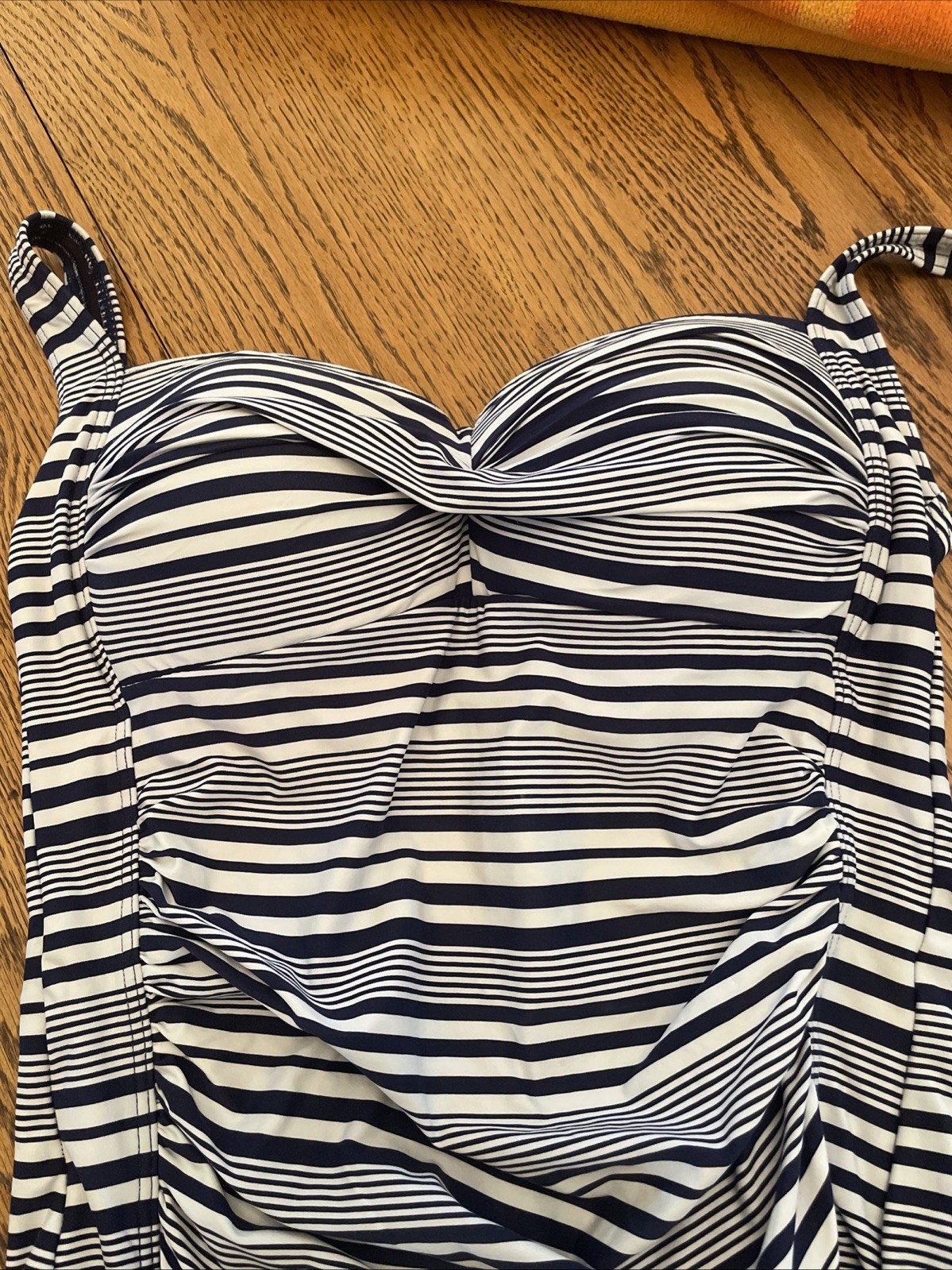 NipTuck Navy&White Striped Size 10 1-Piece Swimsuit, Padded Multi-Fit Cups, EUC
