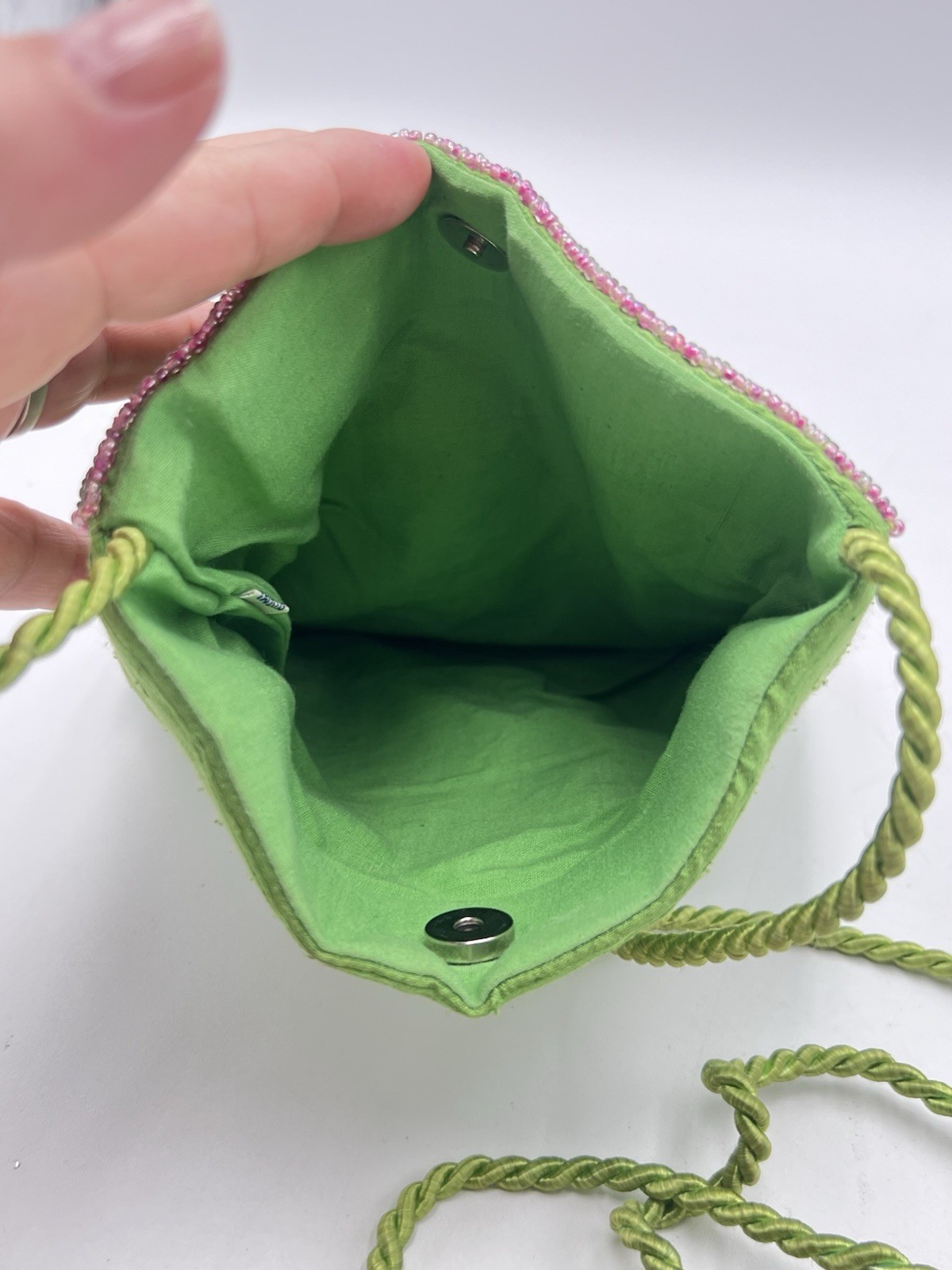 Bamboo Trading Flamingo Beaded Cross Body Handbag Purse Corded Strap Pink Green