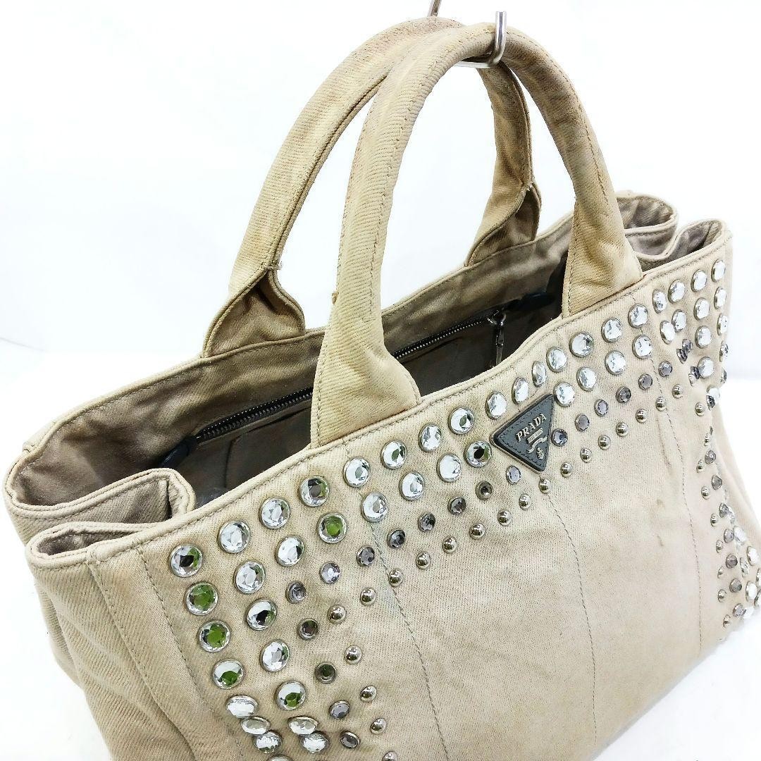PRADA Canapa Bijou 2 Way Leather Canvas Shoulder Handbag Greige Silver Auth