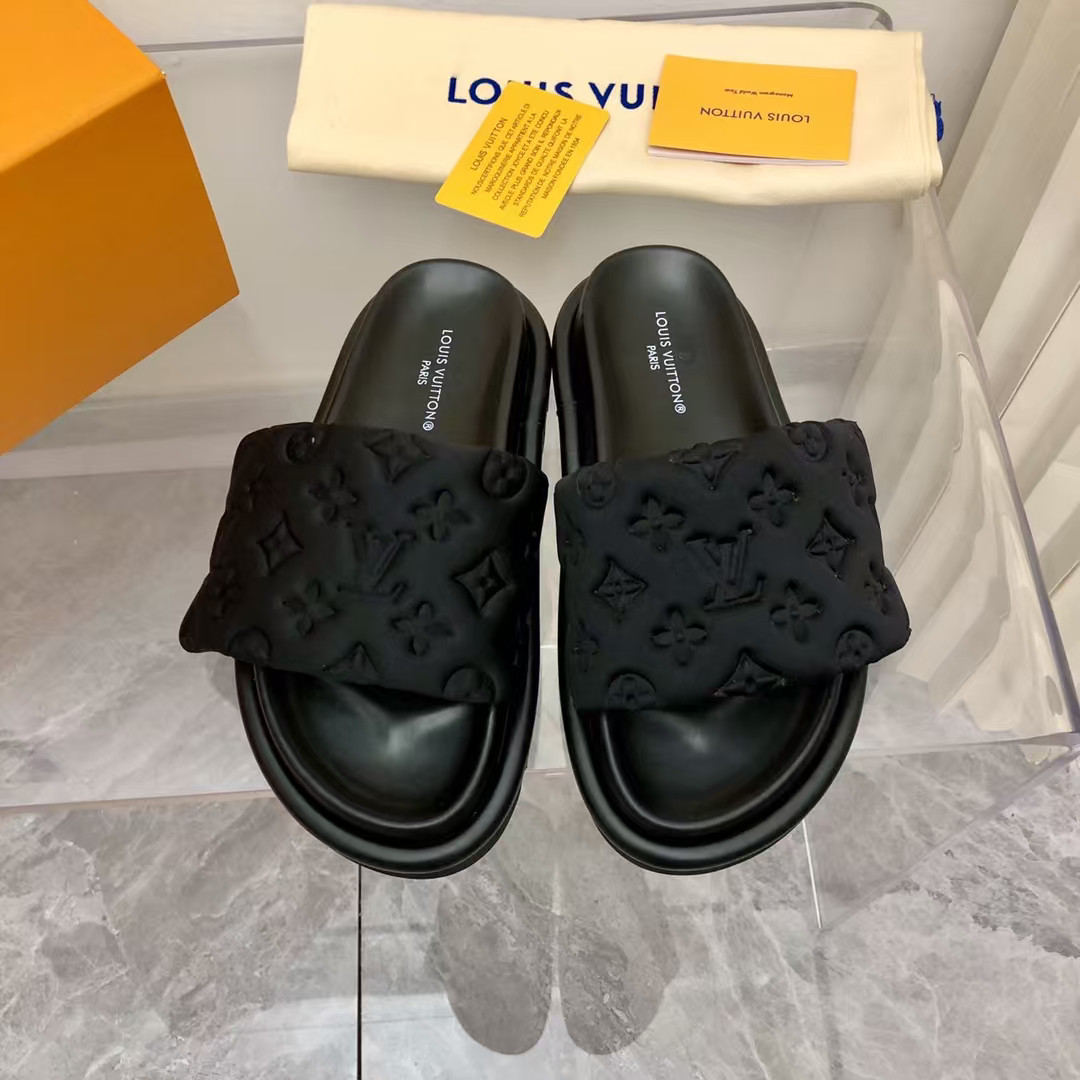 Men Thick Platform Louis Vuitton Pillow Monogram Black Slide Summer Sandals
