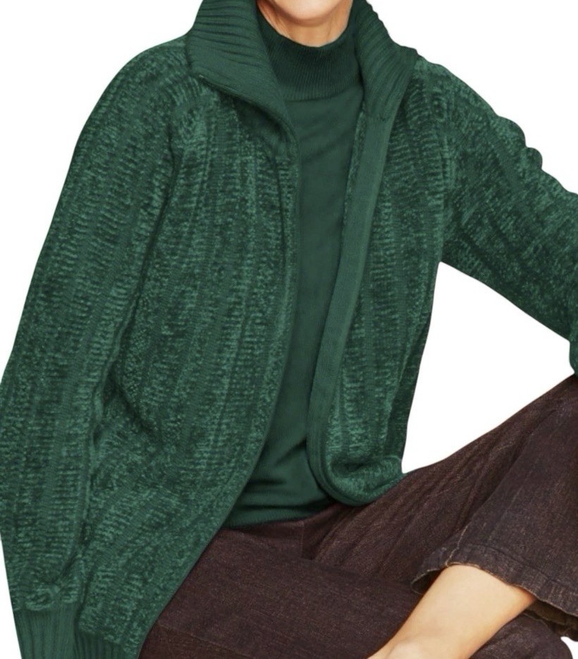 Draper’s & Damon’s Green Chenille Zip Cardigan Pockets Ribbed Trim Cottage Sz S