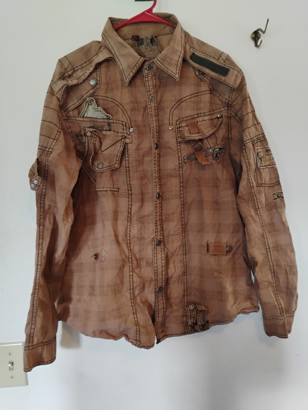 Punk Rock FUSAI Shirt Mens Large Snap Multi Pockets Longsleeve Brown L