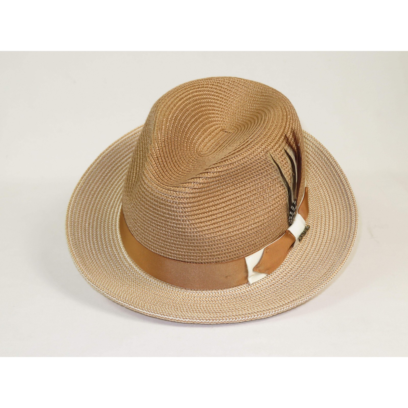 Men’s Bruno Capelo Natural Straw Fedora Hat MONOCO MC791 Ivory/Cognac