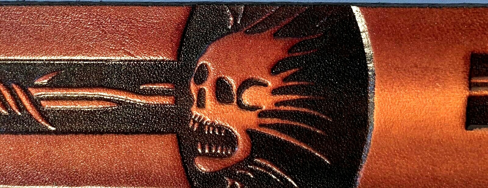 SKULL & BARB WIRE EMBOSSED MOTORCYCLE COWHIDE LEATHER BELT SIZE 26-48 USA MADE